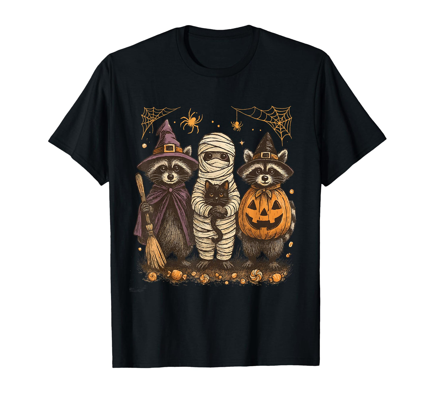 Spooky and Feral Halloween Raccoon Holding Cat Spooky Season T-Shirt