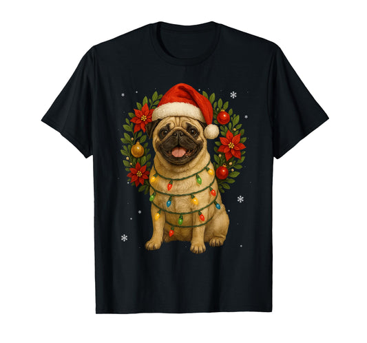Cute Pug Festive Dog Lights Christmas Wreath Xmas Holidays T-Shirt