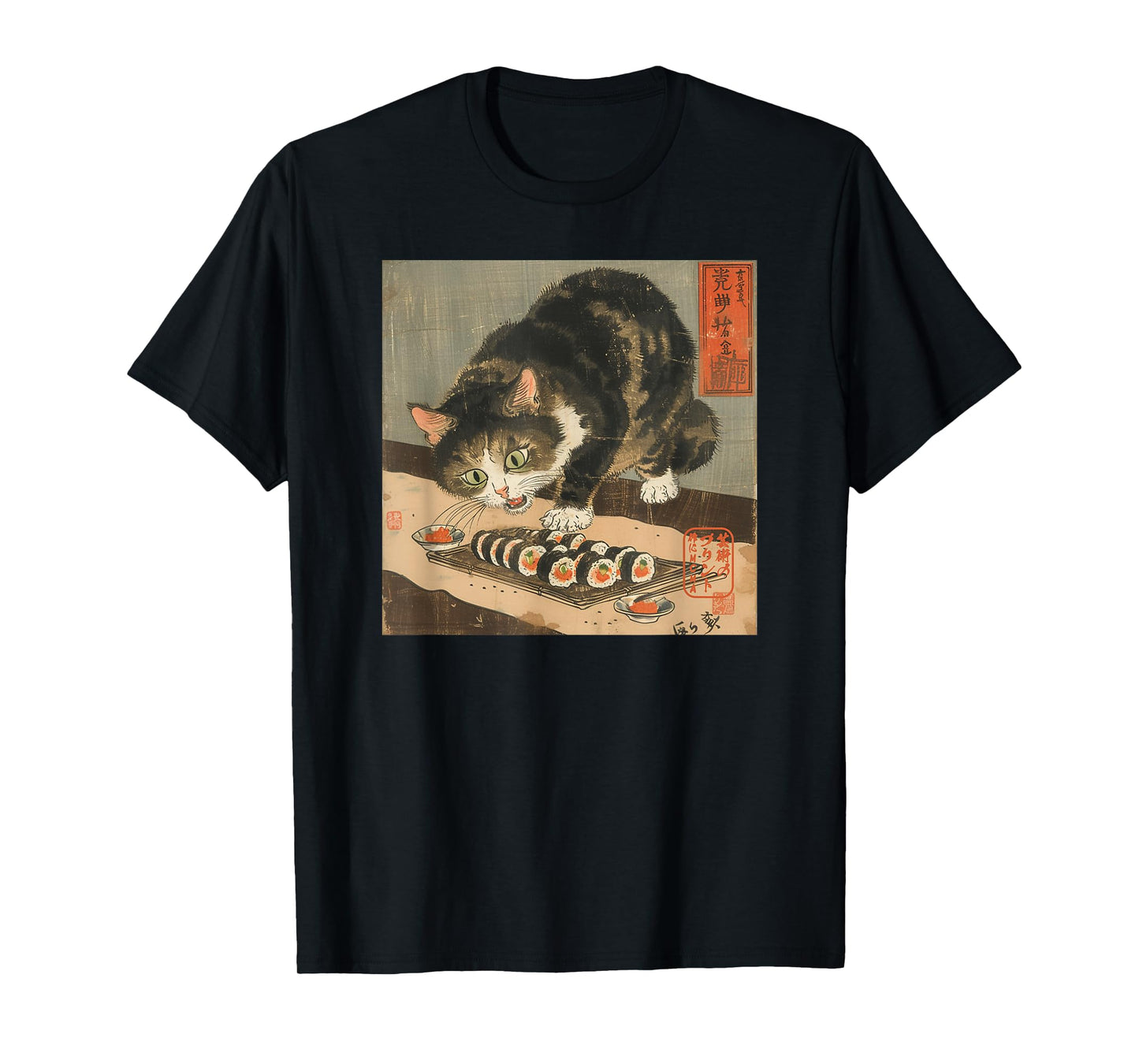 Sushi Cat – Japanese Retro Art Print for Foodie and Cat Love T-Shirt for Men Women Kids