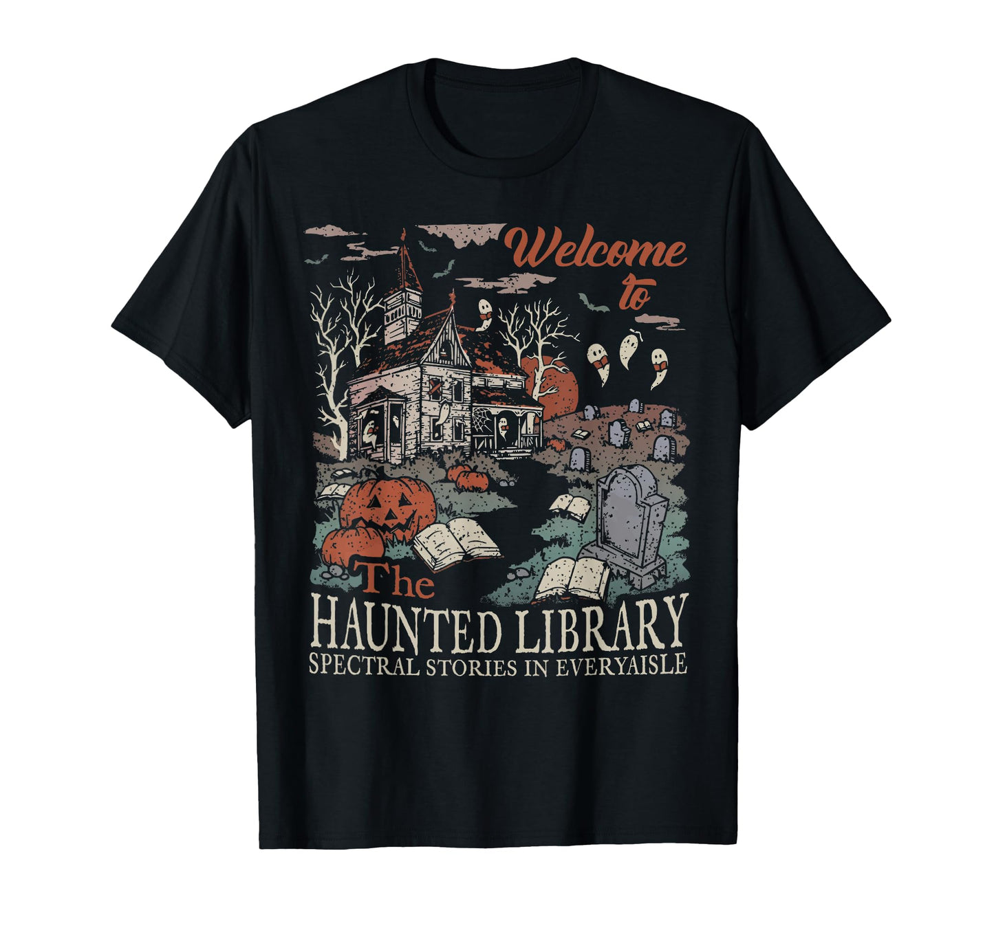 Retro Welcome To The Haunted Library Book Lovers Halloween T-Shirt