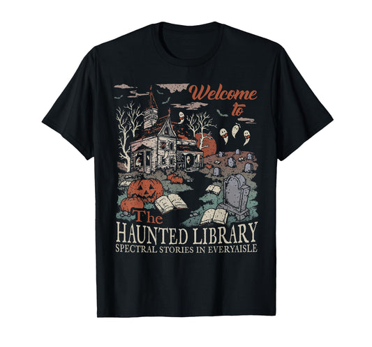 Retro Welcome To The Haunted Library Book Lovers Halloween T-Shirt