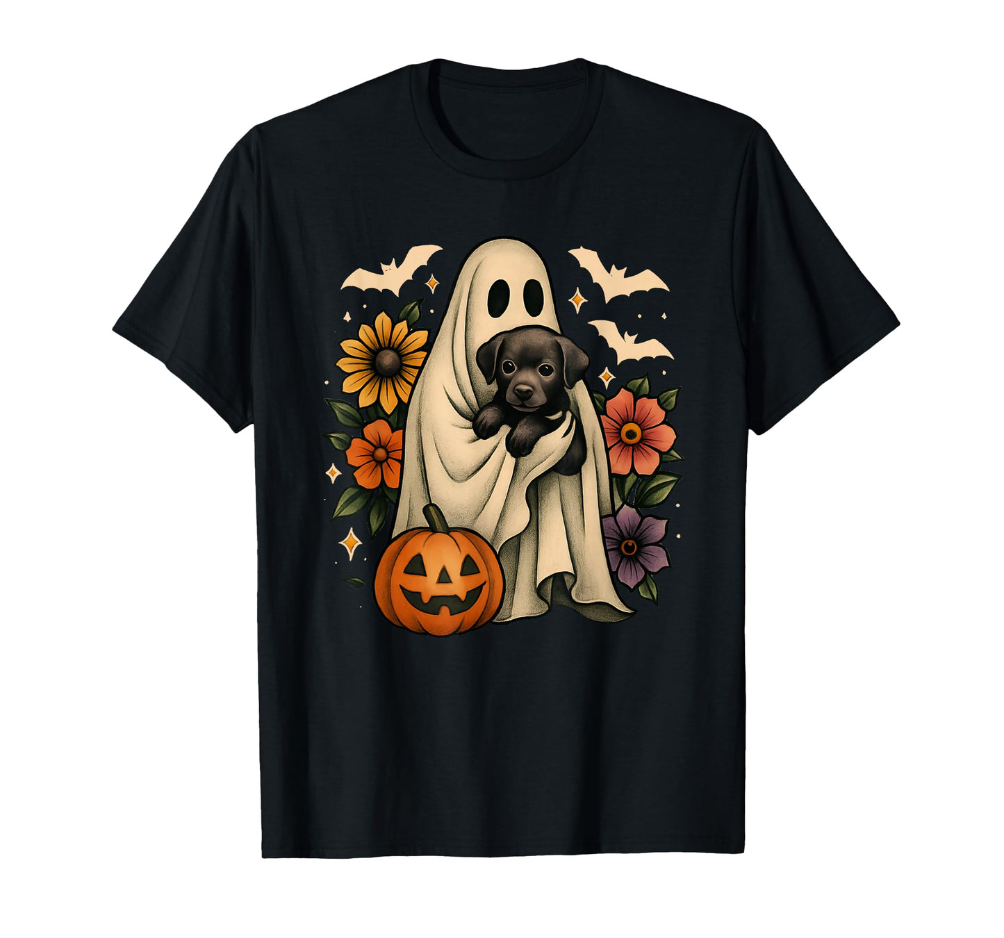 Floral Ghost Black Dog Coquette Funny Halloween Design T-Shirt