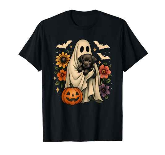 Floral Ghost Black Dog Coquette Funny Halloween Design T-Shirt