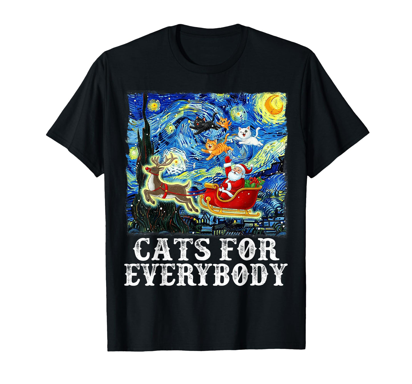Santa Sleigh Christmas Cats for Everybody Starry Night Xmas T-Shirt