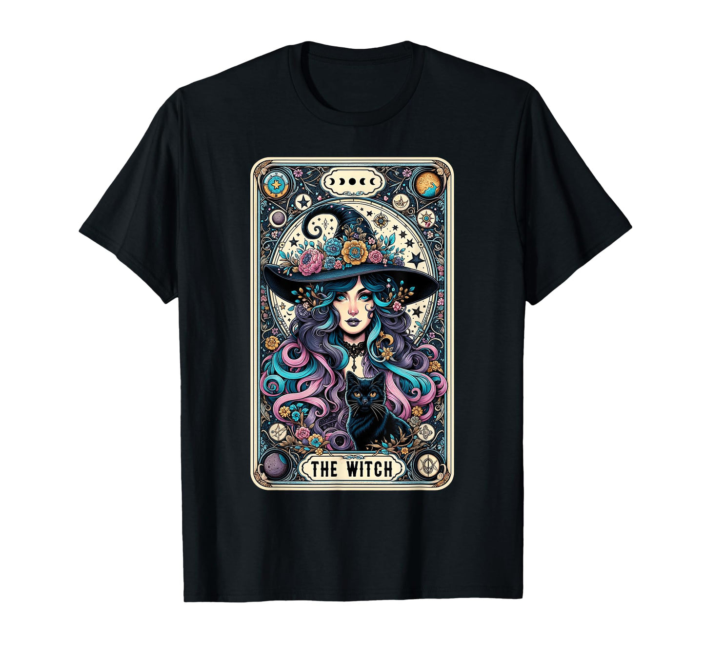 The Witch Cat Tarot Card Witch Vintage Gothic Halloween T-Shirt for Men Women Kids