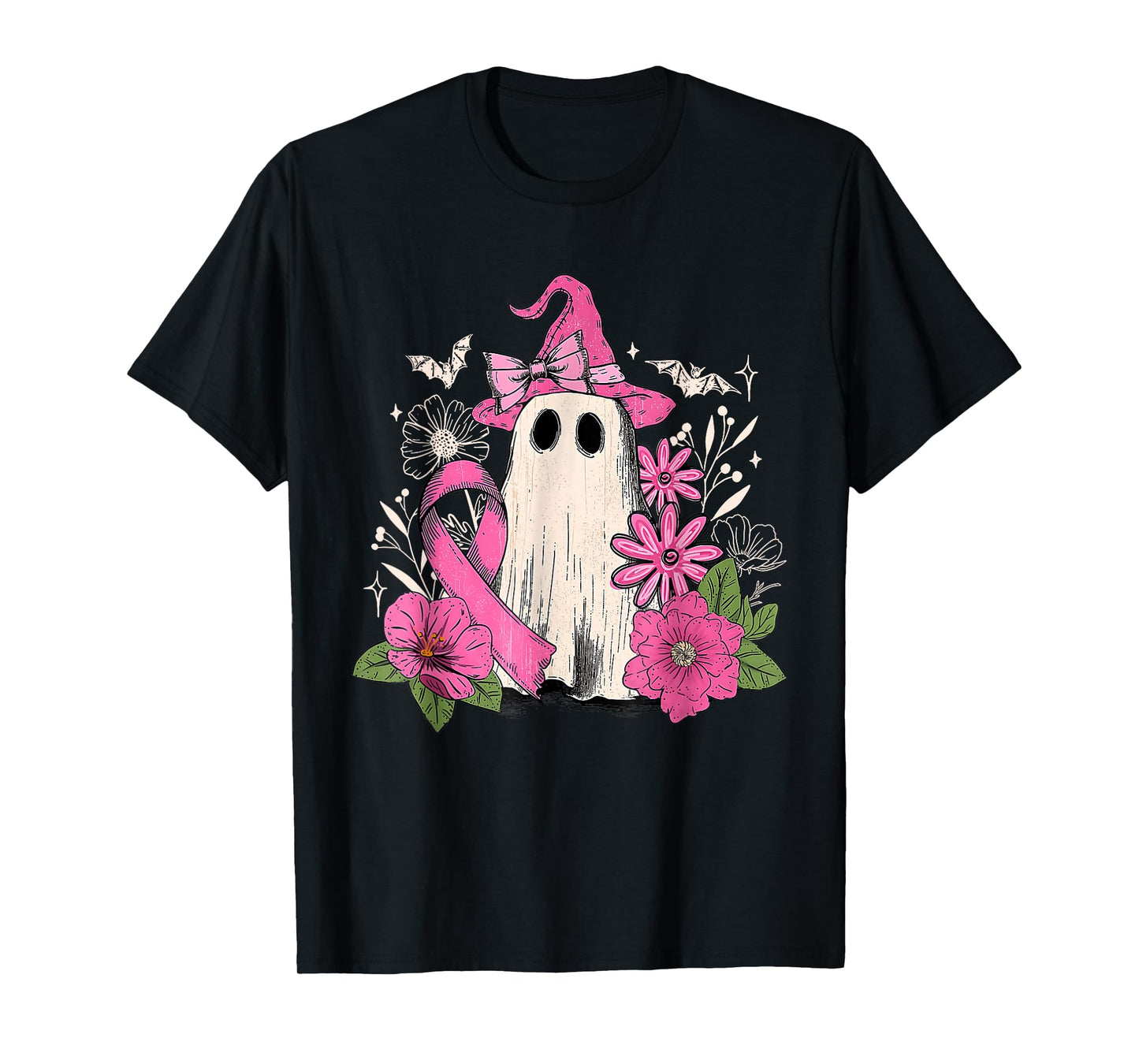 Pink Ribbon Floral Ghost Witch Breast Cancer Awareness T-Shirt