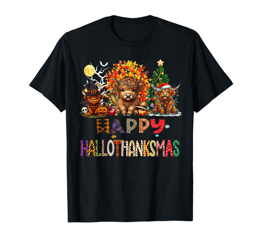 Happy Halloween Thanksgiving Christmas Highland Cow Holiday T-Shirt