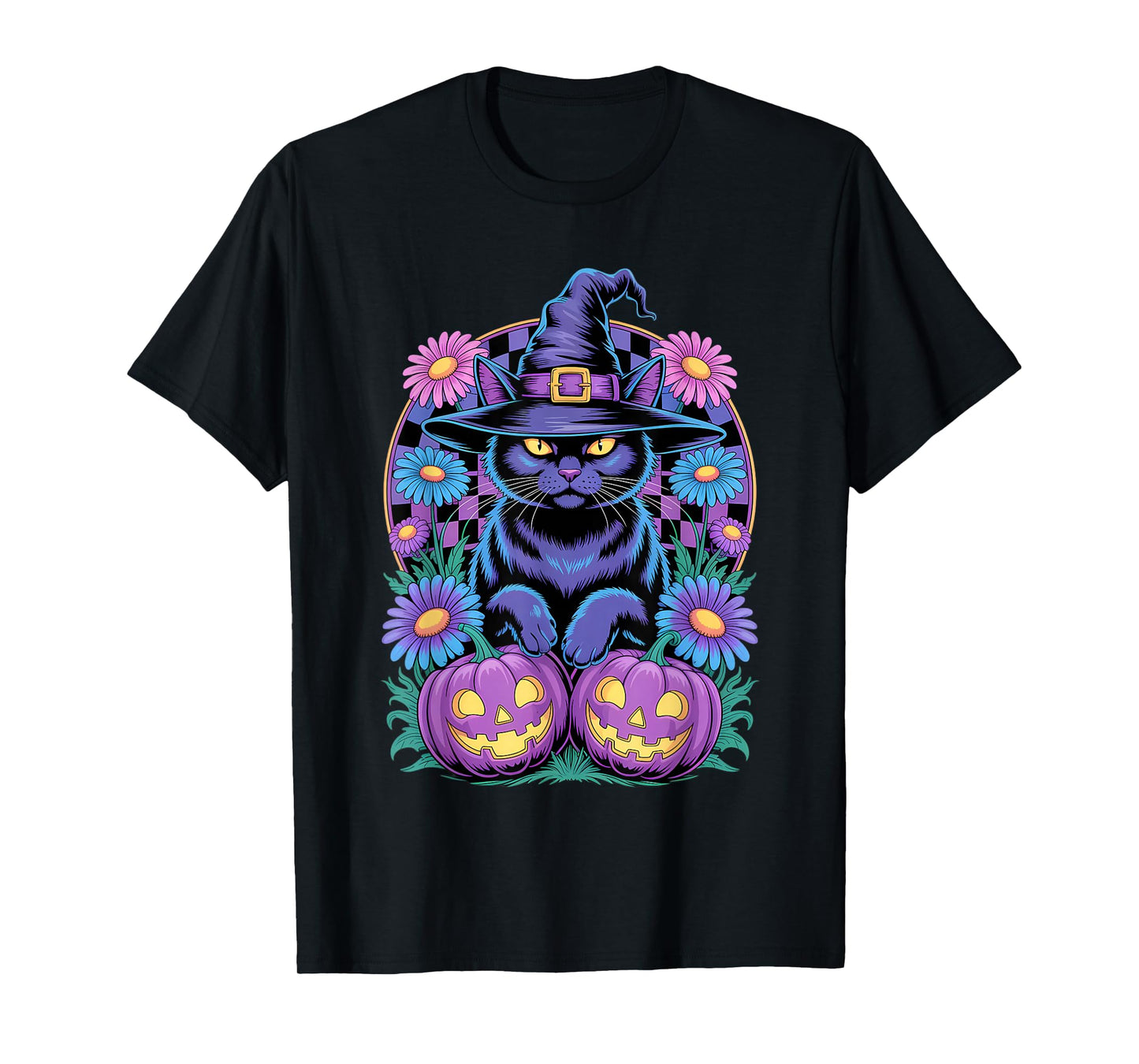 Retro Floral Checkered and Witch Cat with Pumpkins Halloween T-Shirt