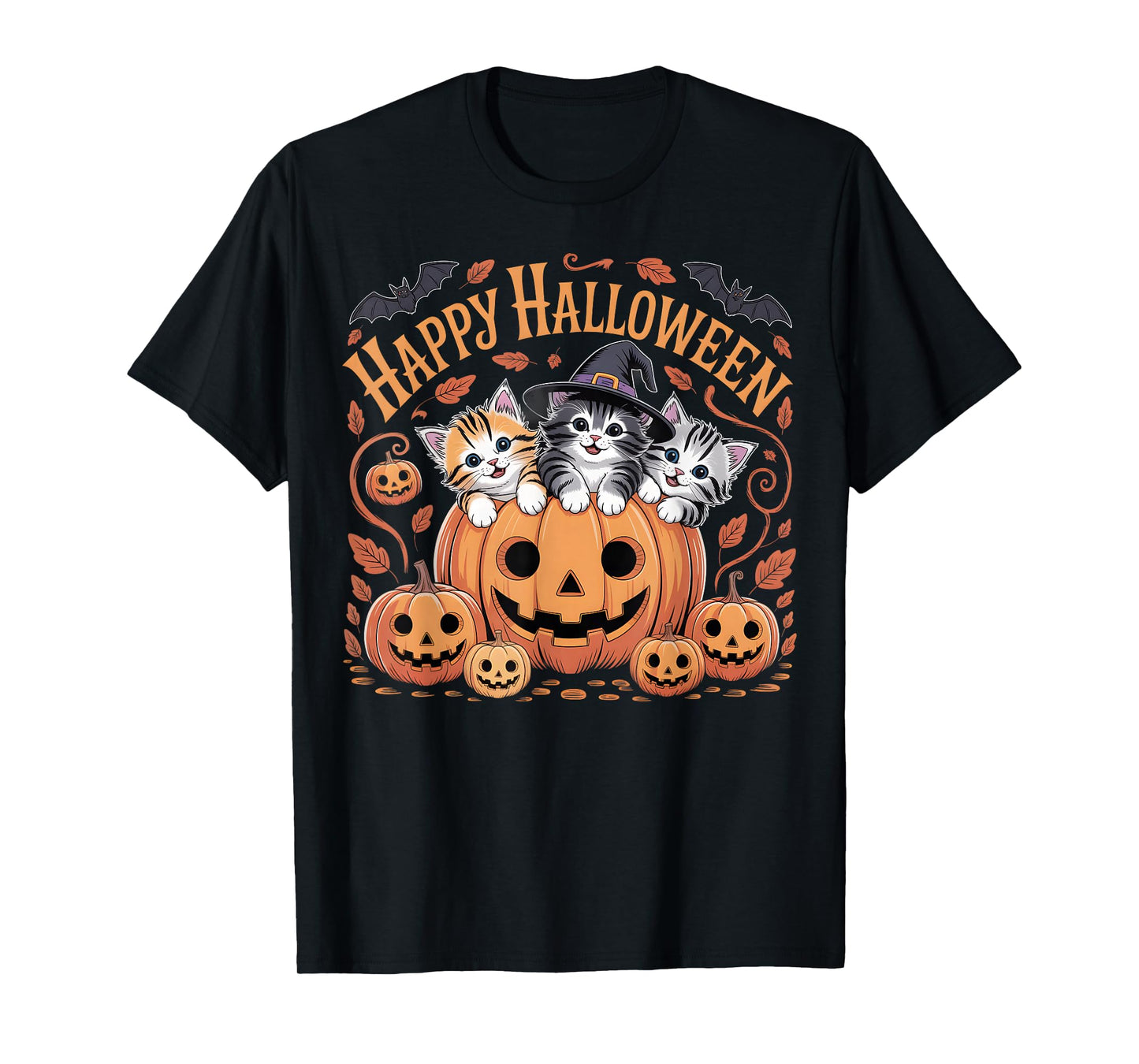 Happy Halloween Cats in Pumpkin with Witch Hat Design T-Shirt