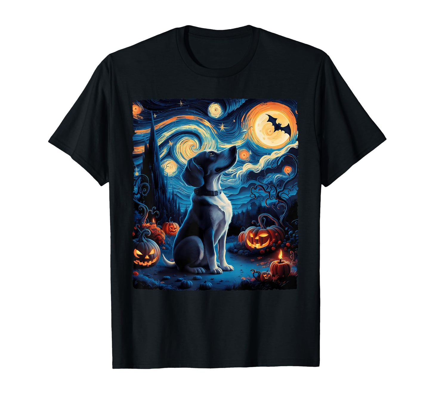 Van Gogh' Starry Night Dog Pumpkins Bats Funny Halloween Tee T-Shirt for Men Women Kids
