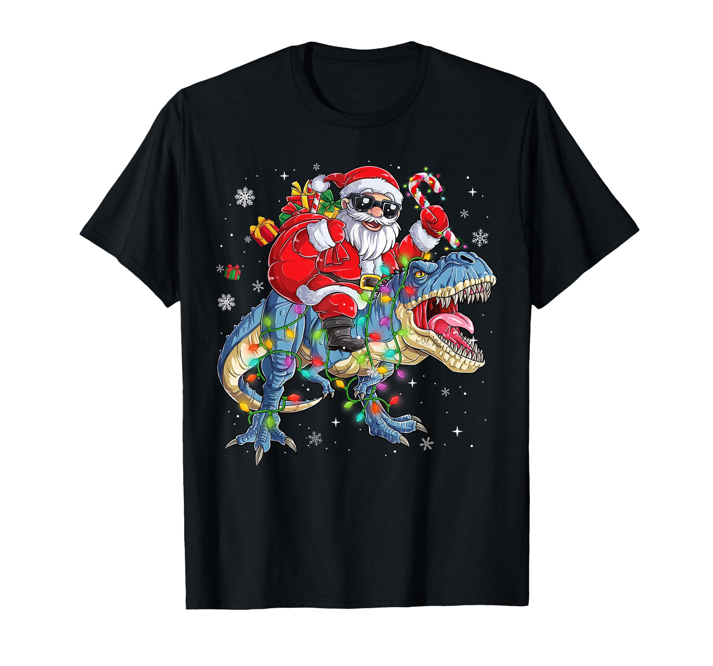 Christmas Santa Riding Dinosaur Funny Xmas Lights T-Shirt
