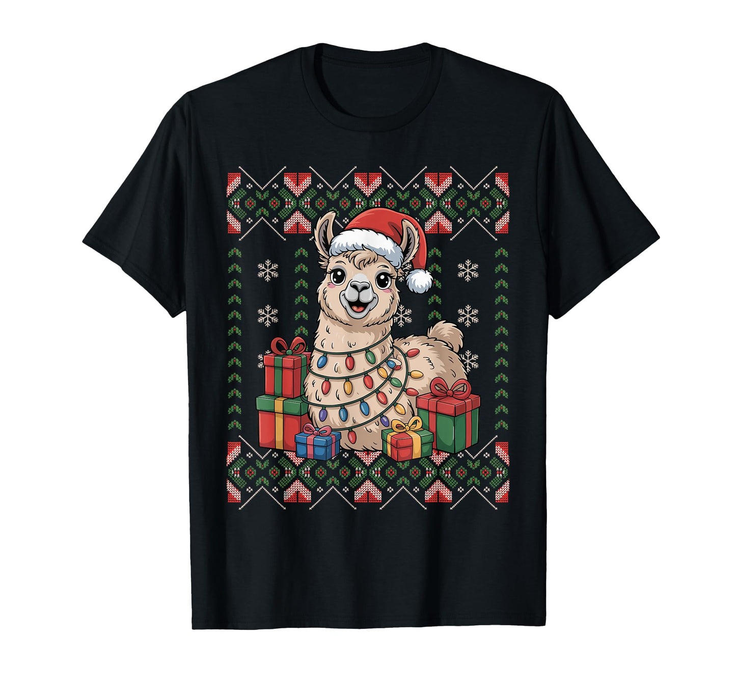 Santa Llama Christmas Ugly Sweater Funny Holiday Pajamas T-Shirt