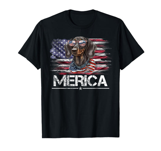 Vintage Dachshund Dog, Merica Weiner Dog USA Flag Funny Women Kids Men T-Shirt