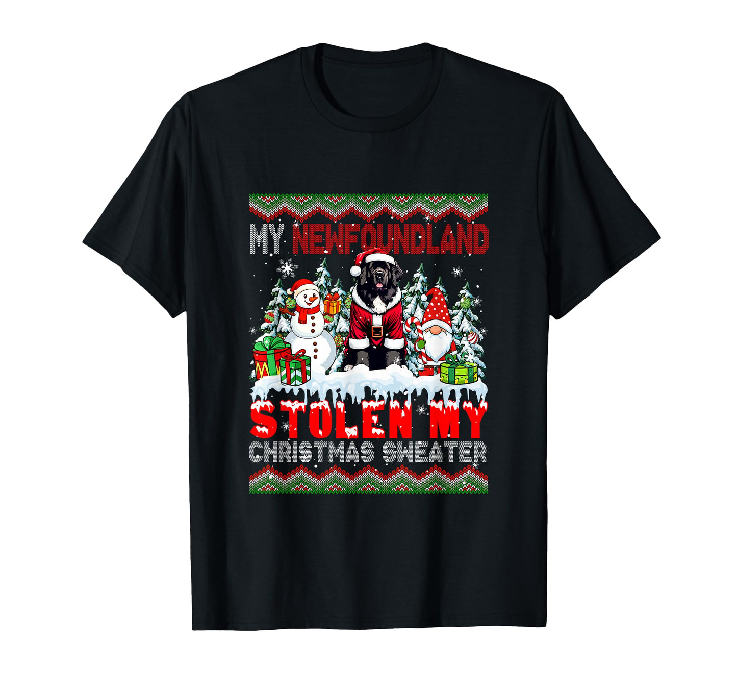 My Newfoundland Stolen My Christmas Sweater Santa Dog Gnome T-Shirt