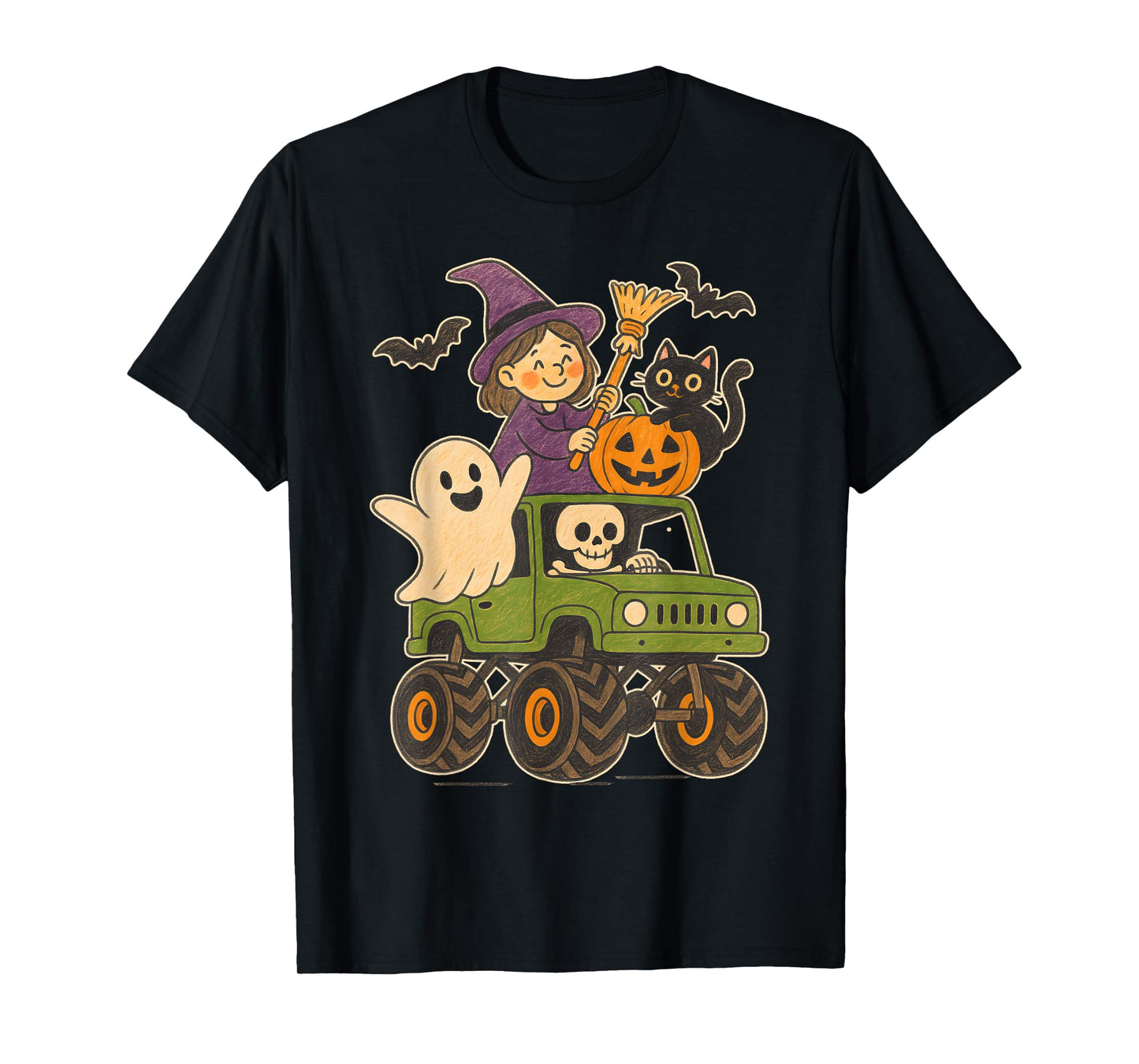 Skeleton Witch Cat Ghost Pumpkin Kids Funny Halloween T-Shirt