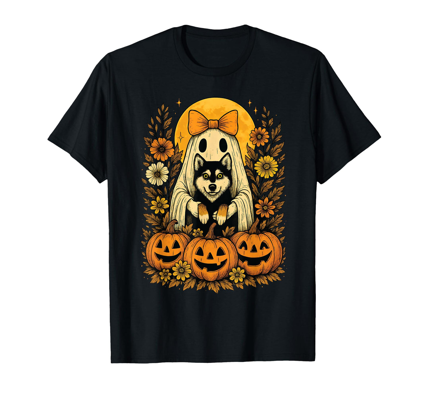 Vintage Halloween Ghost Holding Siberian Husky Dog T-Shirt