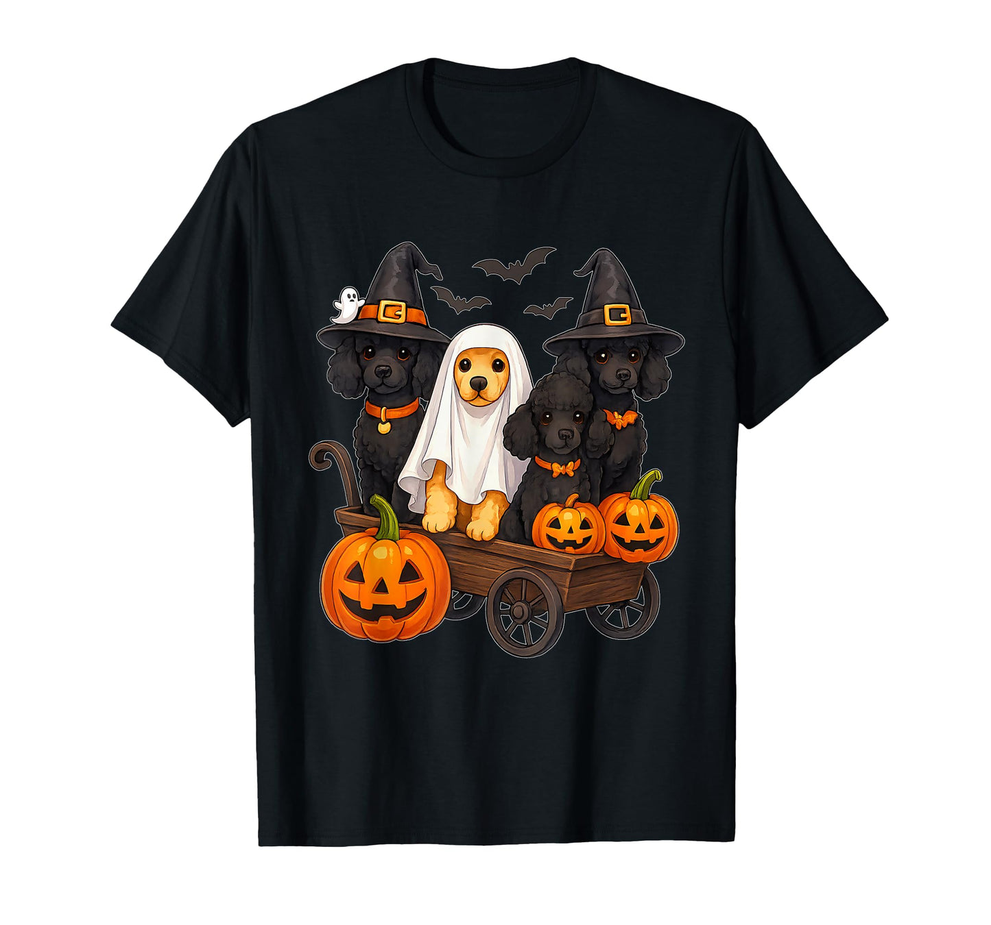 Halloween Poodle Dogs Ghost Witch Pumpkins Wooden Wagon Cute T-Shirt