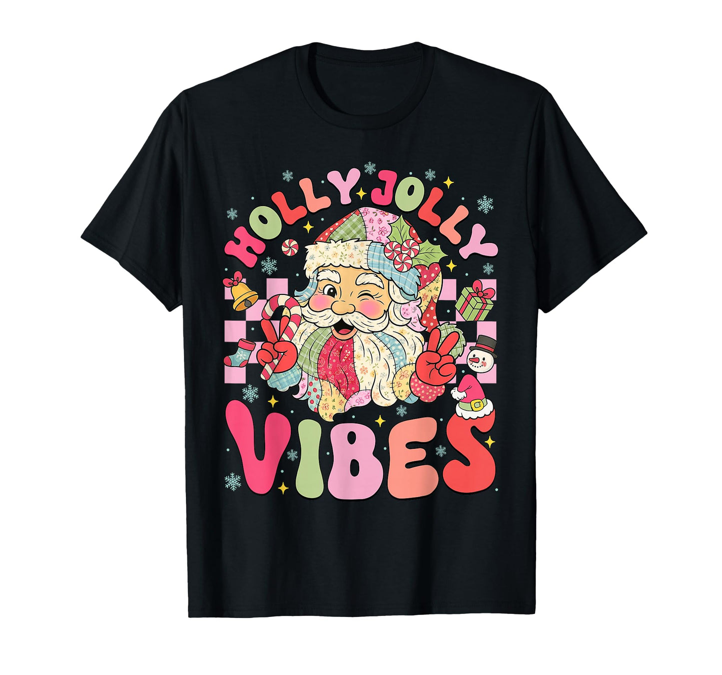Patchwork Cute Santa Claus Christmas Vibes Xmas Women Girls T-Shirt