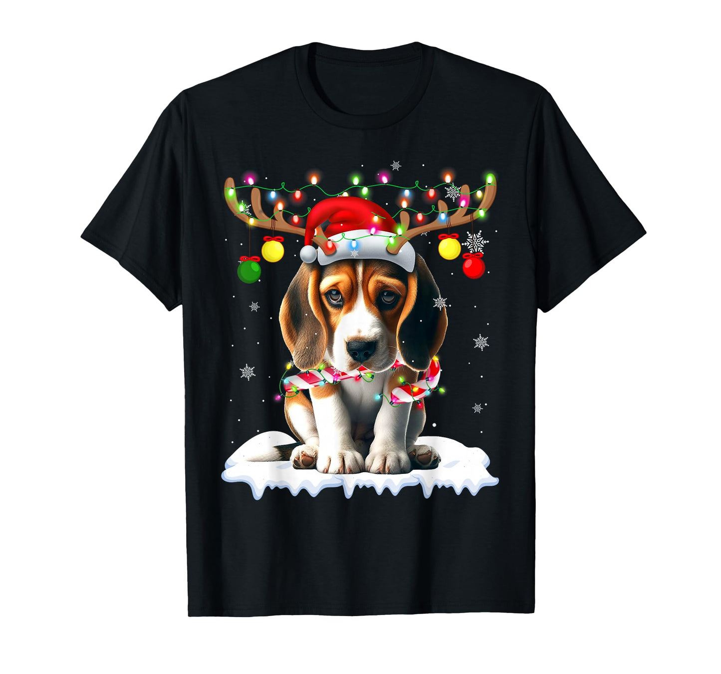 Santa Beagle Christmas Lights Funny Reindeer Dog Xmas Tree T-Shirt
