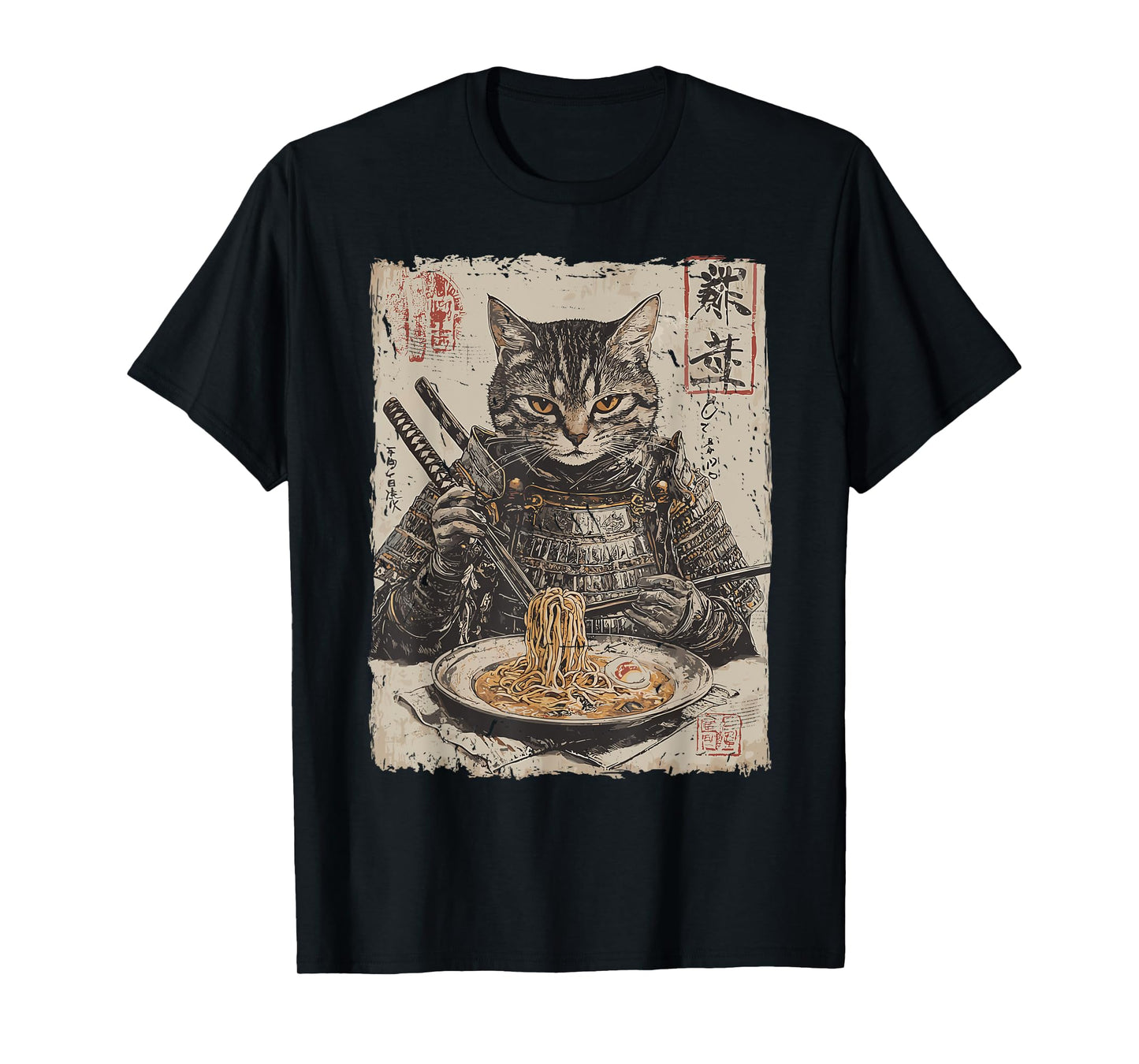 Samurai Cat Loves Ramen Funny Anime Japanese Artwork Samurai T-Shirt