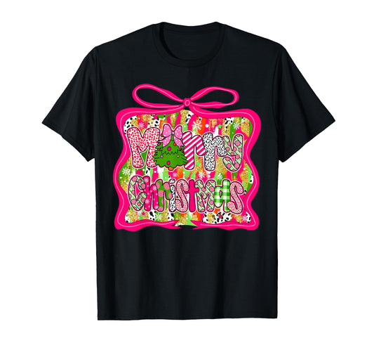 Coquette Pink Bow Merry Christmas Tree Xmas Pajamas Holiday T-Shirt