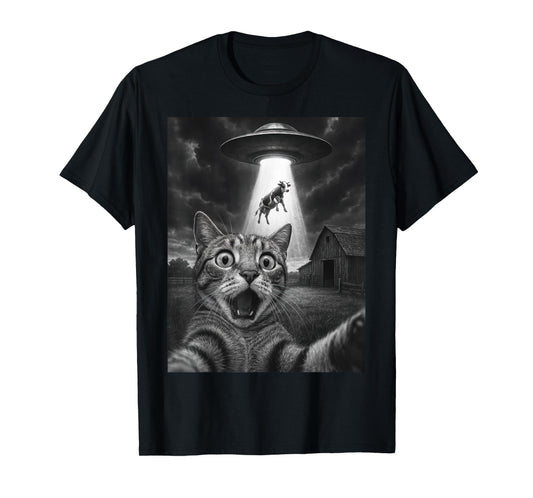 Cat Selfie With Alien and Cow - Funny Cat UFO T-Shirt for Men Women Kids