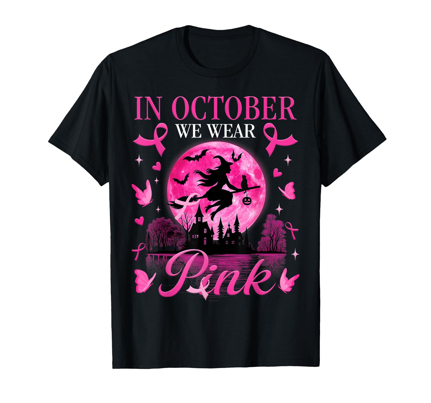 Halloween Witch in October We Wear Pink Ribbon Breast Cancer T-Shirt
