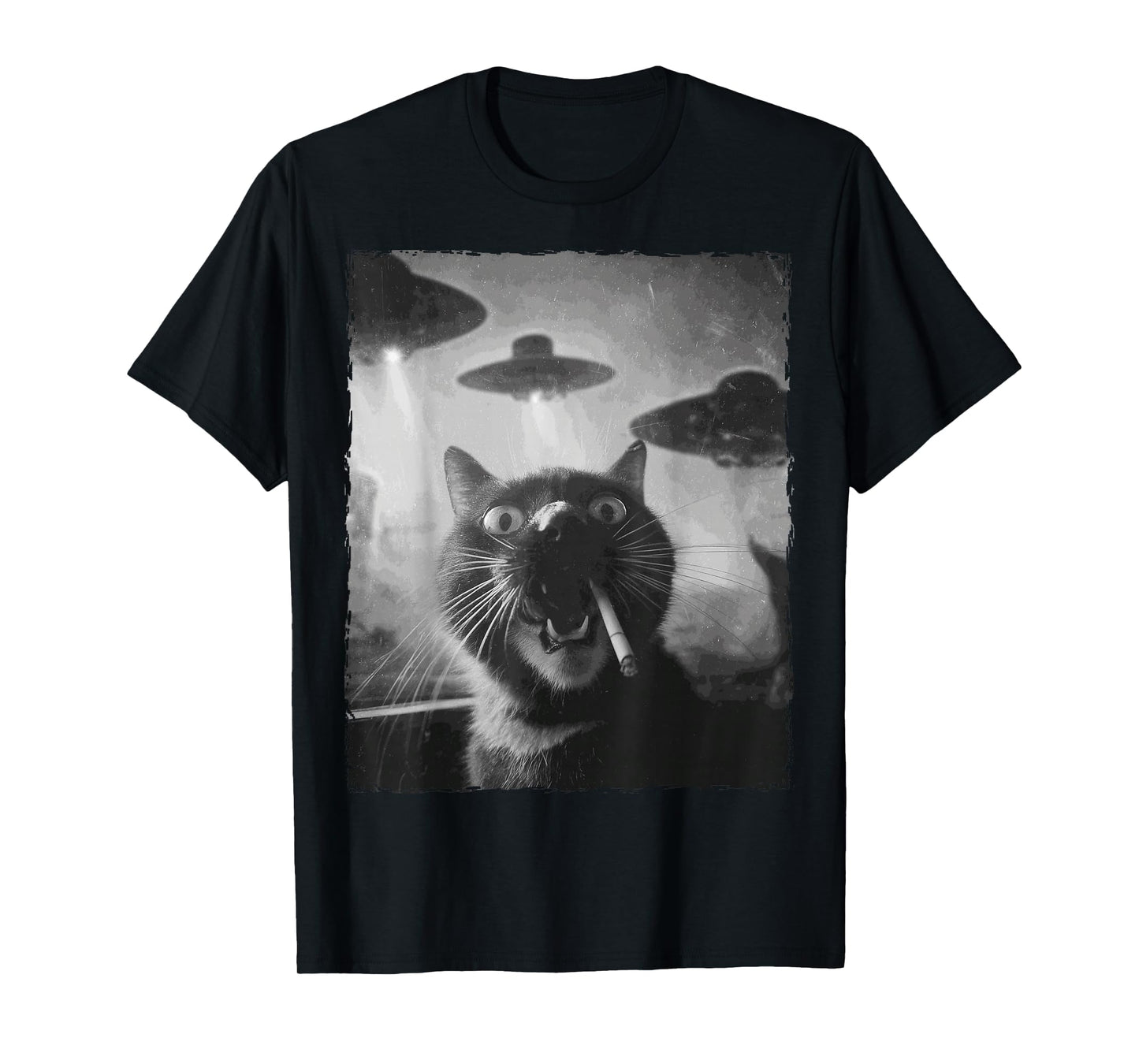 Funny Graphic Cat smoking UFOs Funny T-Shirt