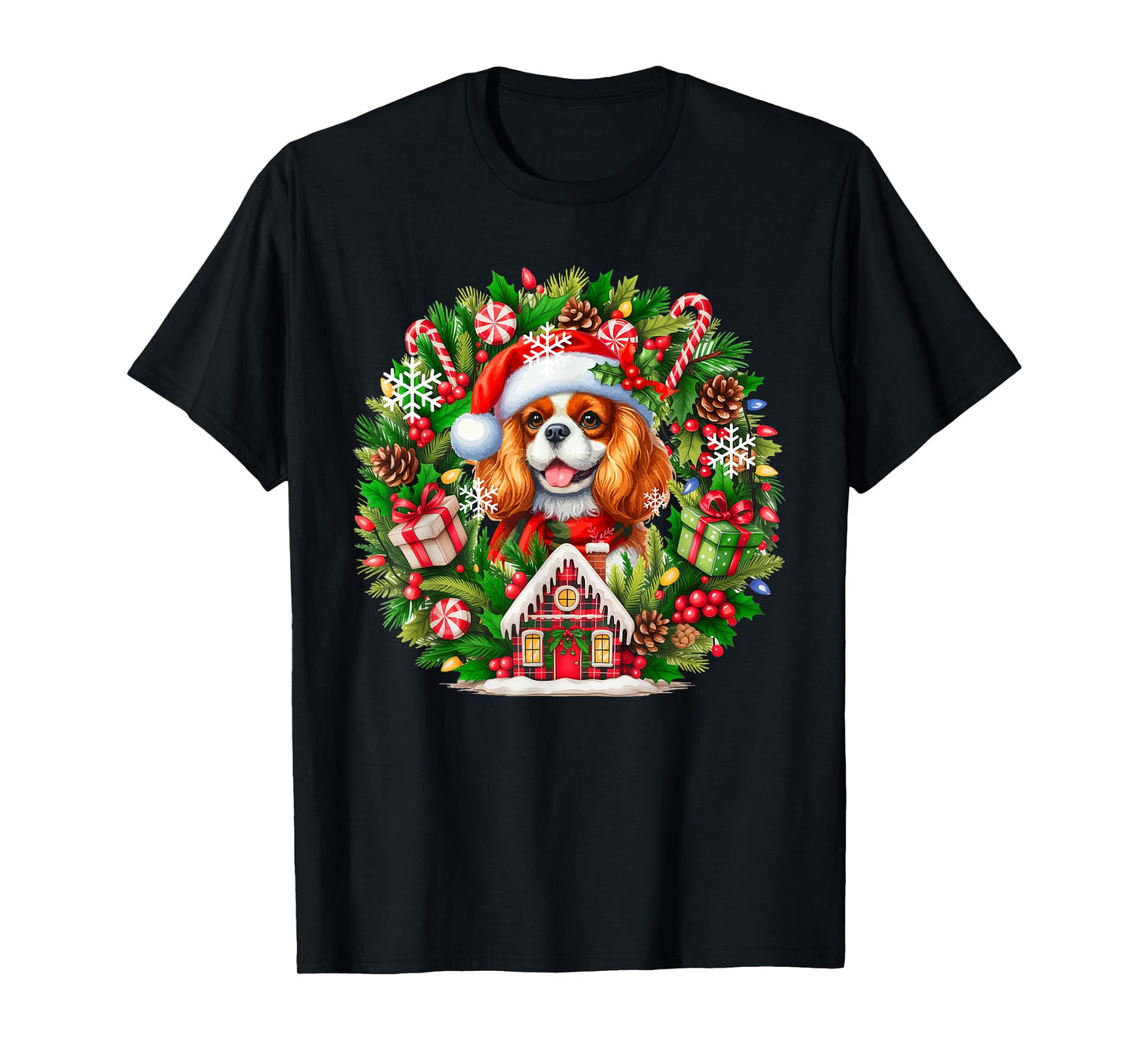 Santa Cavalier King Charles Spaniel Christmas Floral Circle T-Shirt