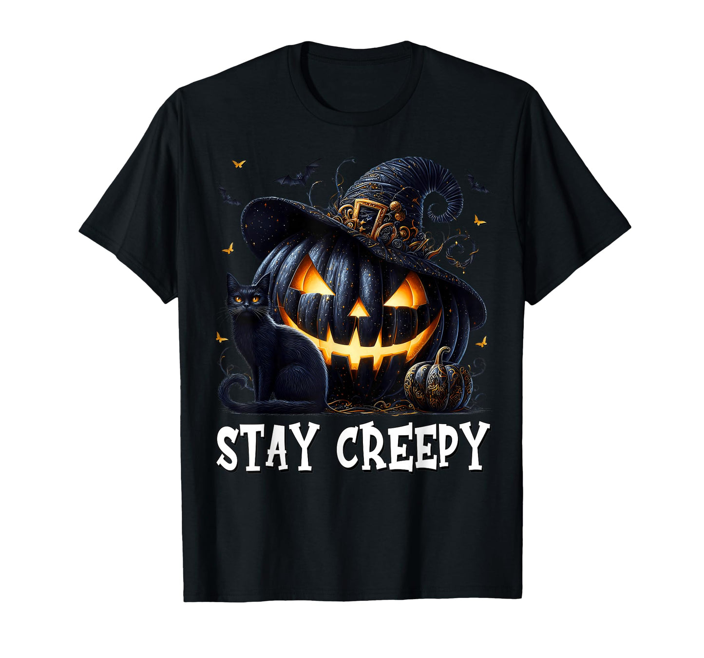 Stay Creepy Halloween Cat Lover Pumpkin Graphic for Goth Mom T-Shirt