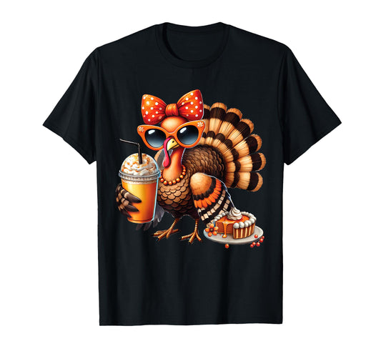 Turkey Drinking Coffee Bow Thanksgiving Womens Turkey Day T-Shirt