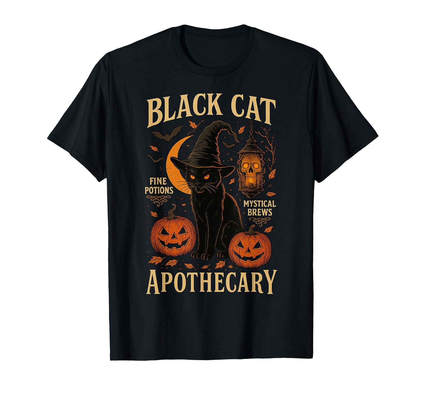 Retro Scary Halloween Costume Black Cat Salem Apothecary T-Shirt