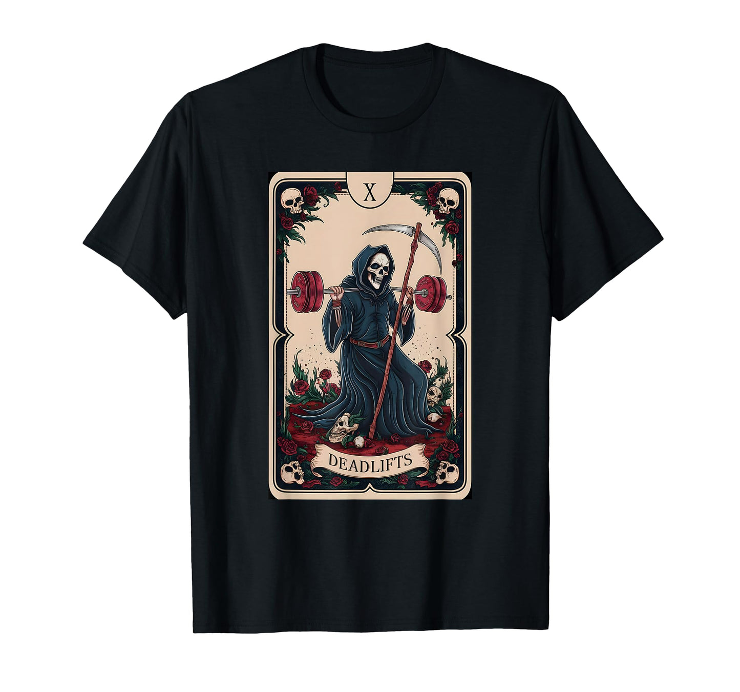 Tarot Card Grim Reaper Deadlifts Workout Gym Occult Reader T-Shirt