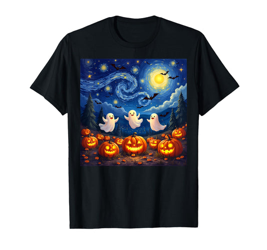 boo ghost halloween pumpkin Starry Night Van Gogh men women T-Shirt