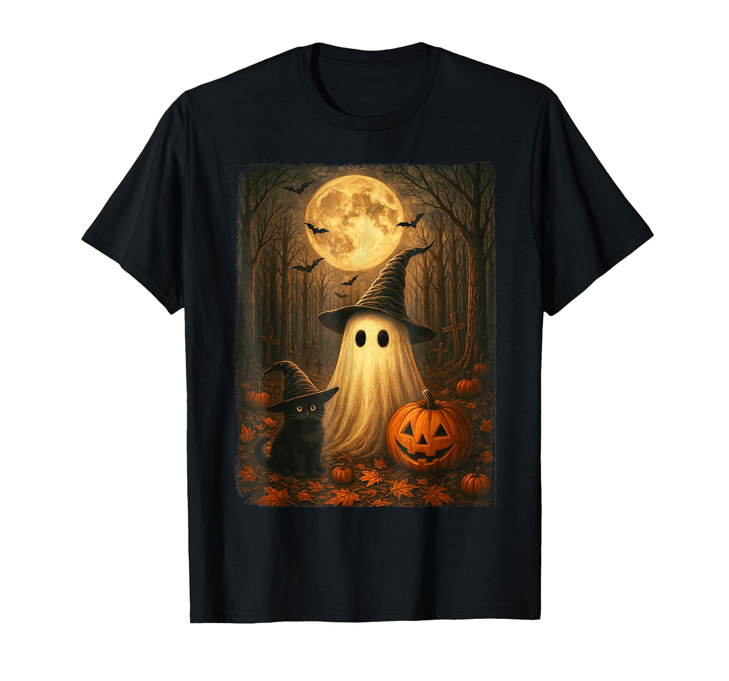 Retro Black Cat Witch Scary Halloween Ghost Pumpkin Spooky T-Shirt
