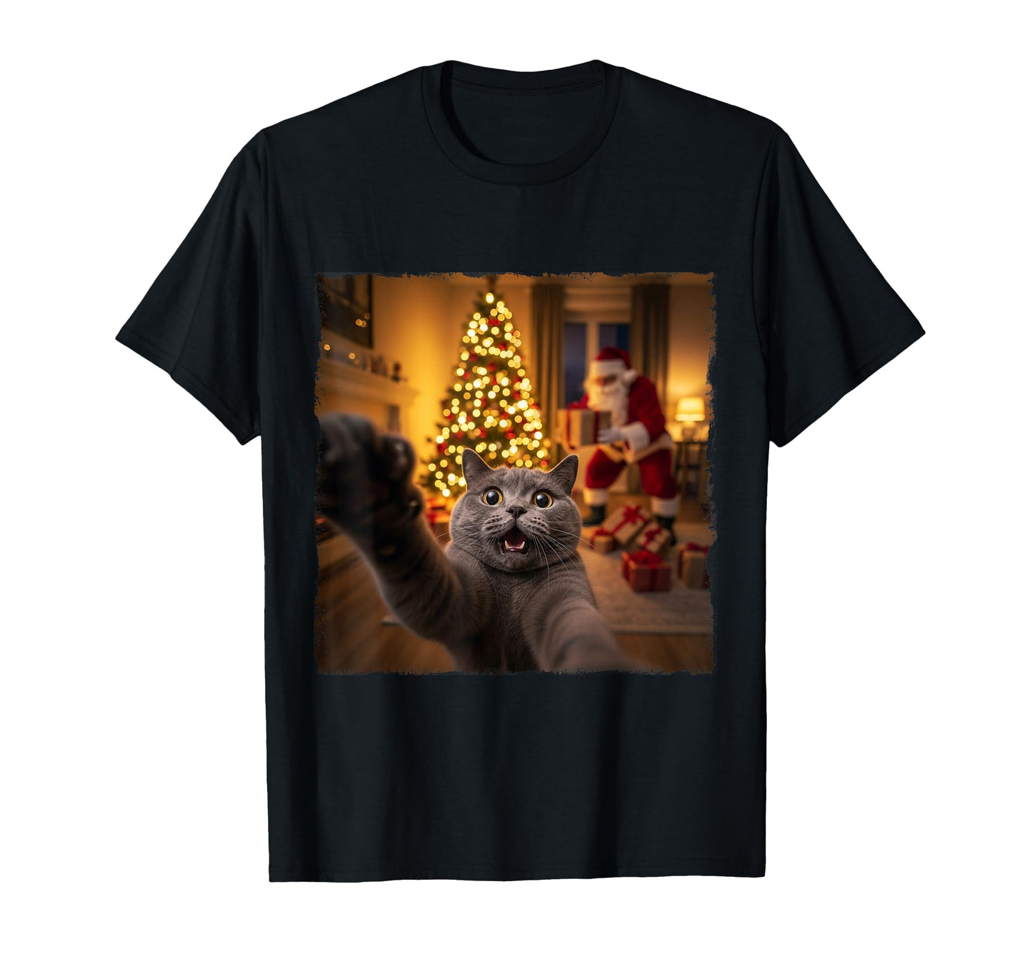 Funny Grey Cat Selfie with Santa Claus Gifts Christmas Night T-Shirt