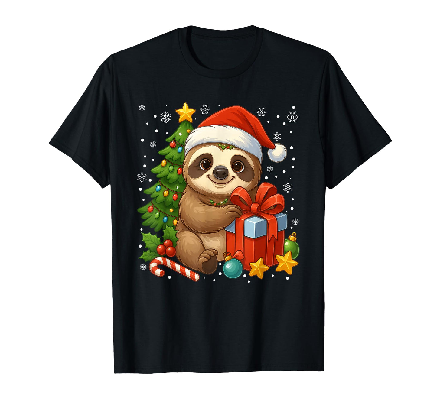 Sloth Santa Hat Christmas Tree Xmas Lights Gift Men Boys Kid T-Shirt