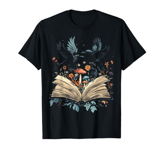 Womens Book Lover Crow Cottagecore Flowers Book T-Shirt