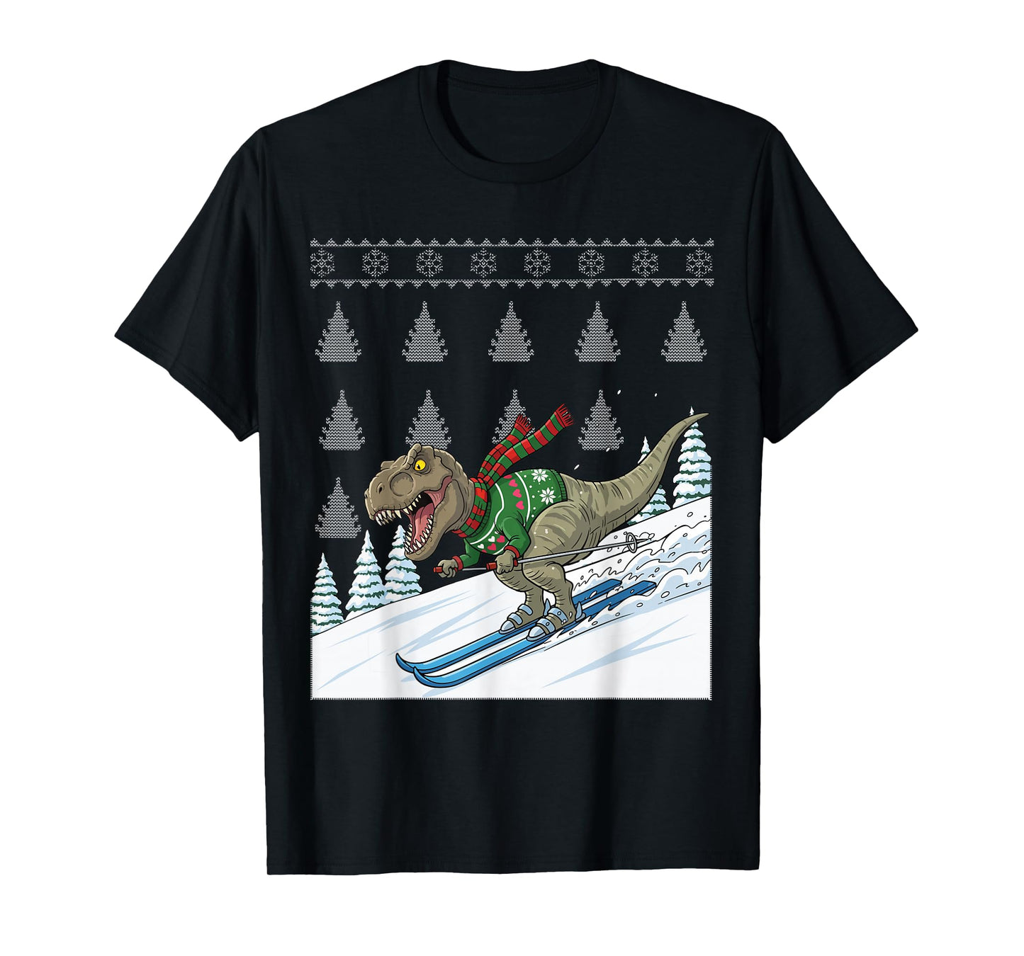 Dinosaur T-Rex Skiing Ski Snow Ugly Christmas T-Shirt