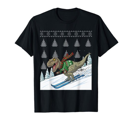 Dinosaur T-Rex Skiing Ski Snow Ugly Christmas T-Shirt