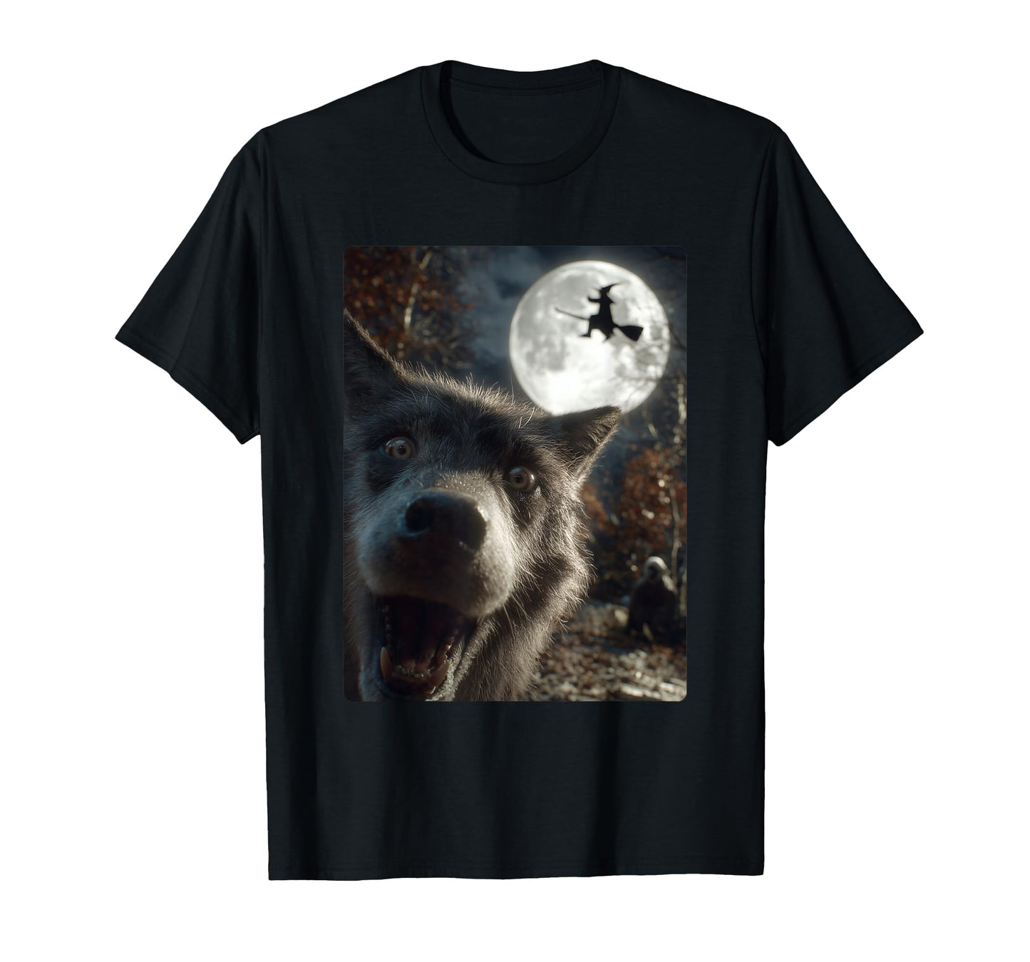 Funny Wolf Selfie Full Moon Flying Witch Forest Halloween T-Shirt