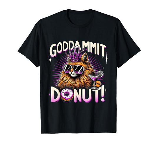Funny Cool Cat Crown Donut Drink Retro Graphic Design T-Shirt