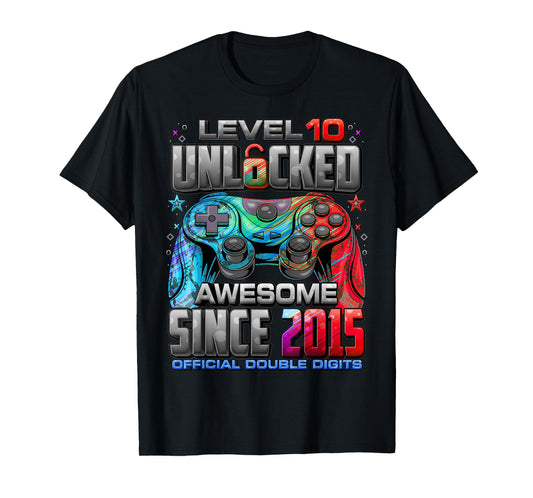 Level 10 Unlocked Awesome Since 2015 10th Birthday Gaming T-Shirt