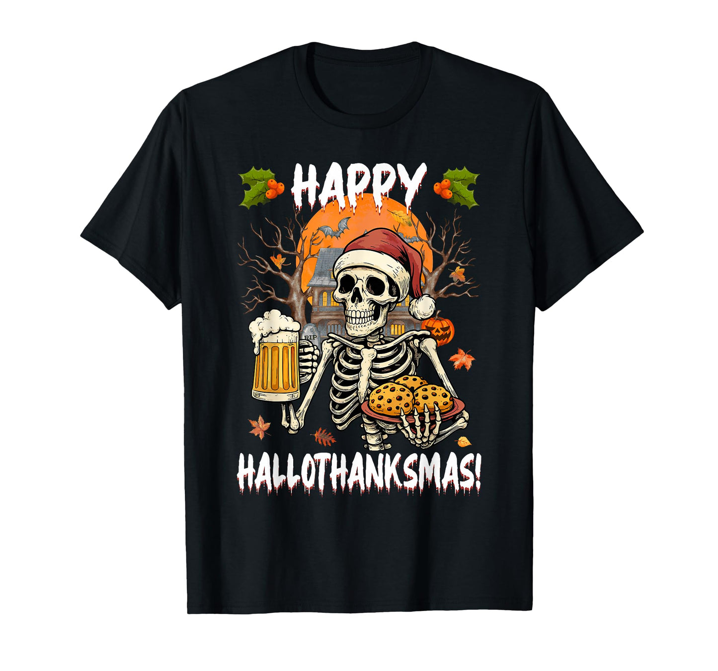 Happy Hallothanksmas Skeleton Drinking Beer & Santa Hat Men T-Shirt