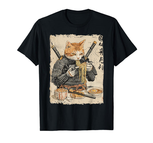 Samurai Cat Loves Ramen Funny Anime Japanese Artwork Samurai T-Shirt