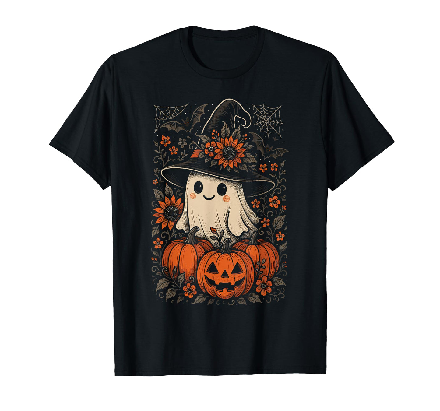 Cute Halloween Ghost Witch Hat Pumpkins Sunflowers Spooky T-Shirt