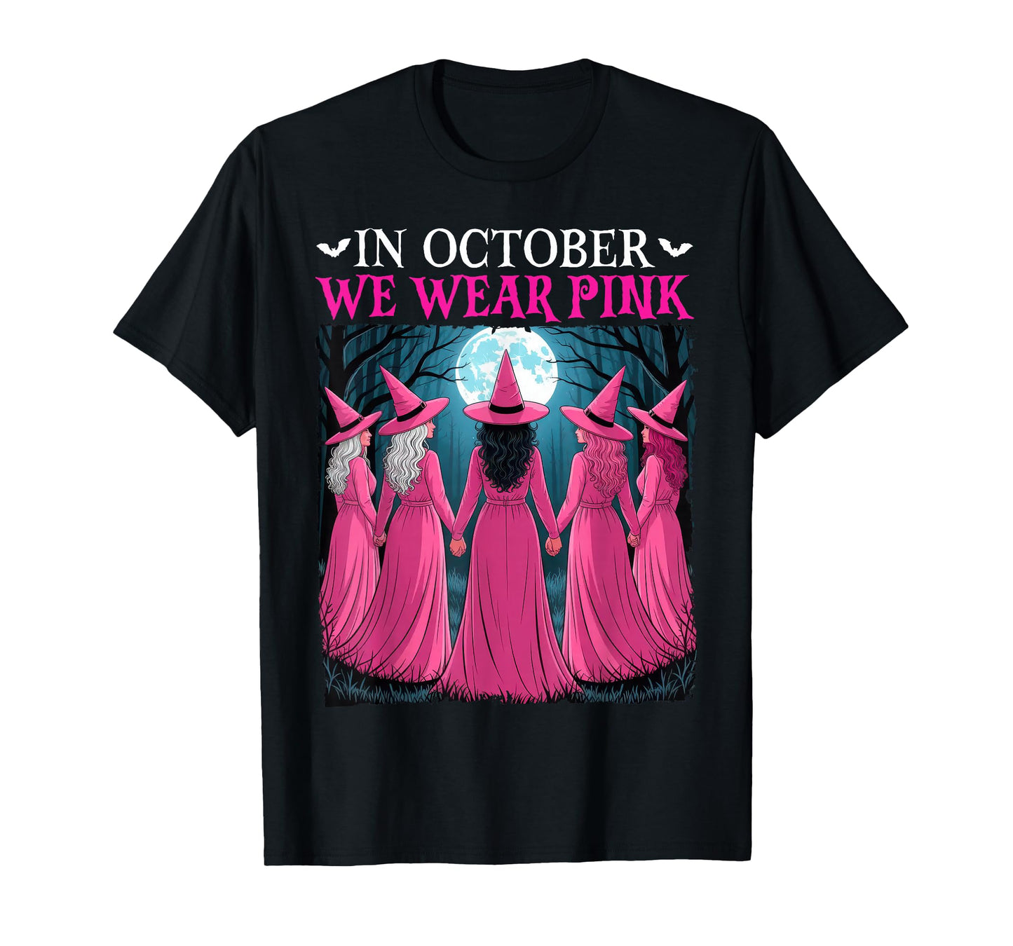 in October We Wear Pink Witch Halloween Breast Cancer Women T-Shirt