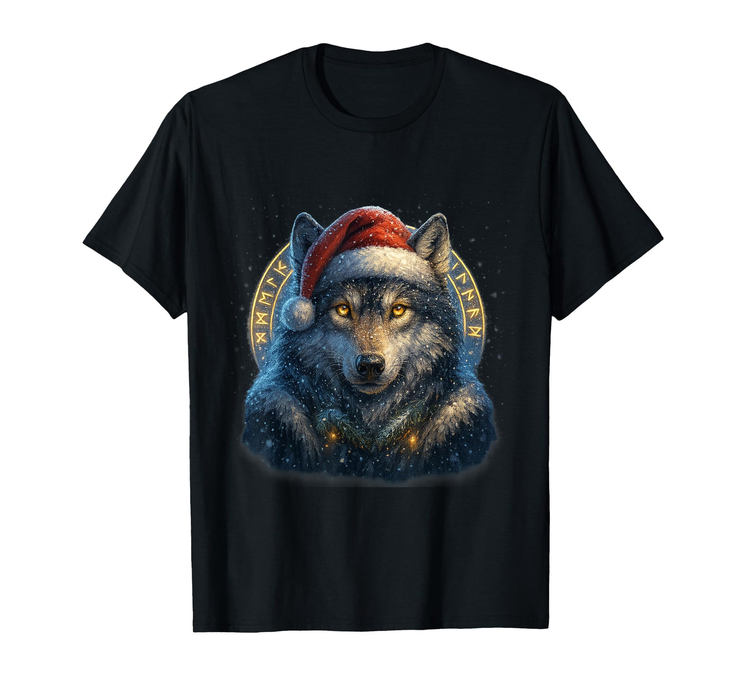 Viking Christmas Wolf with Santa Hat Design T-Shirt
