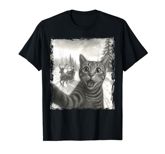 Selfie with Santa Sleigh Funny Cat Christmas Cat Mom Dad T-Shirt
