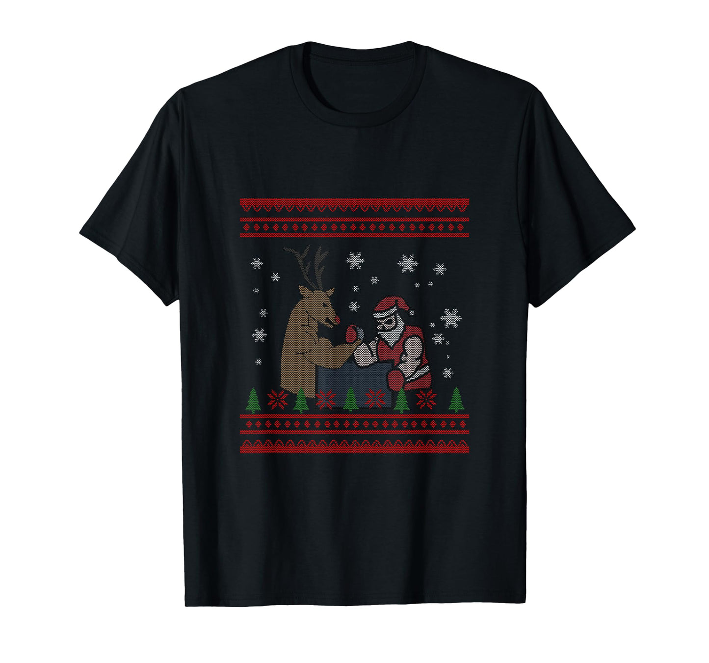 Funny Arm Wrestling Santa and Deer Ugly Sweater Design T-Shirt